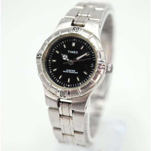 Timex Diver Style Watch 25mm Black Dial Stainless Steel Band 6.5" w New Battery - Picture 1 of 15
